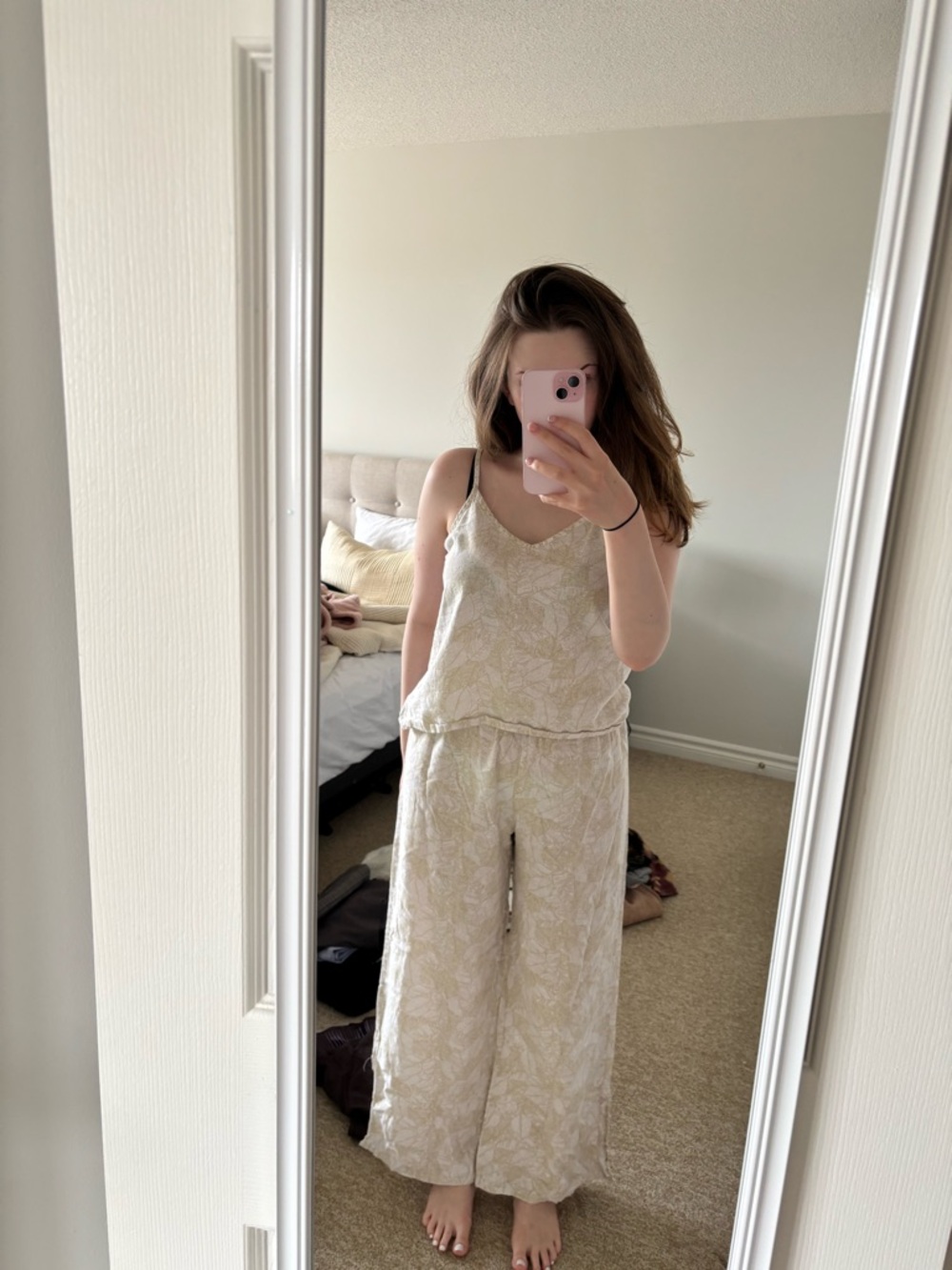 Delicate Leaf-Print Cream Linen Set